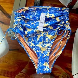 Jcrew Ruched high-rise bikini bottom with side ties in blue floral